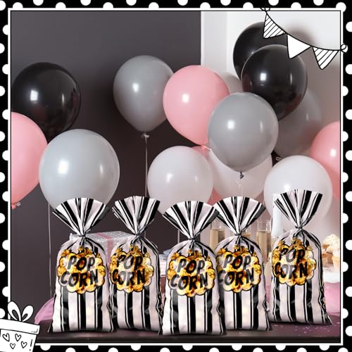 Image of 400 Pcs Popcorn Bags Bulk Movie Night Pop Corn Plastic Bags for Popcorn Machine Pop Corn Snack Containers with Twist Ties for Carnival Graduation Party Supplies (Retro,Black)