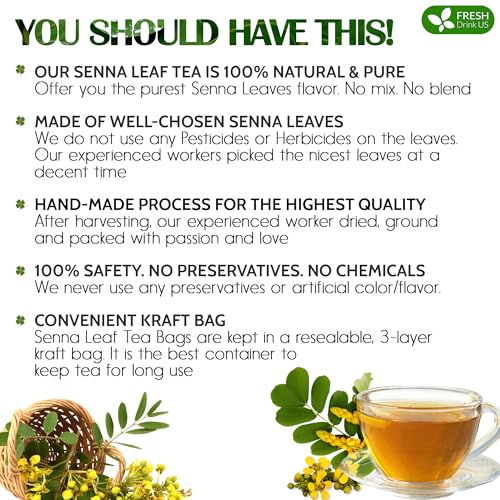 Image of FreshDrinkUS, Premium 135 Senna Leaf Tea Bags for Constipation, Supports Your Cardiovascular System, 100% Natural & Pure. Loose Leaf Senna Herbal Tea, Made with Natural Material Tea Bags. Non GMO, No Sugar / Caffeine / Gluten, Vegan.