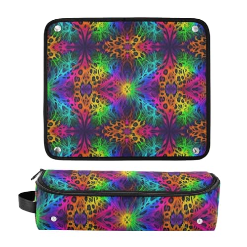 Bolsa para herramientas de cabello con tapete resistente al calor, organizador portátil para planchas, rizadores y alisadores, diseño de estampado de leopardo arcoíris miniatura 3