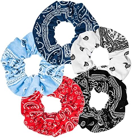 Bandana Scrunchies,5PCS Bandana Scrunchy Hair Ties, Cotton Bandana Print Scrunchies Hair Bands Scrunchy Hair Ties for Women Hair Elastics Ties.