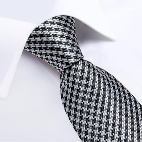 Image of DiBanGu Striped Tie Set for Men Silk Woven Plaid Necktie and Pocket Square Cufflinks Business Wedding