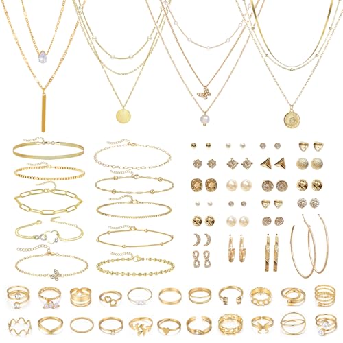 ZXTGBQ 60 Pcs Parure Bijoux Femme Or, Bracelet Ensemble Bijoux Ensemble Bijoux, Boucle D'Oreille Bracelet Collier Perle Zircon Cubique CréOles Boucles...