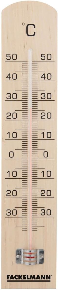 Fackelmann Tecno 16364 Wooden Thermometer showing Celsius scale from -30 to 50 degrees.