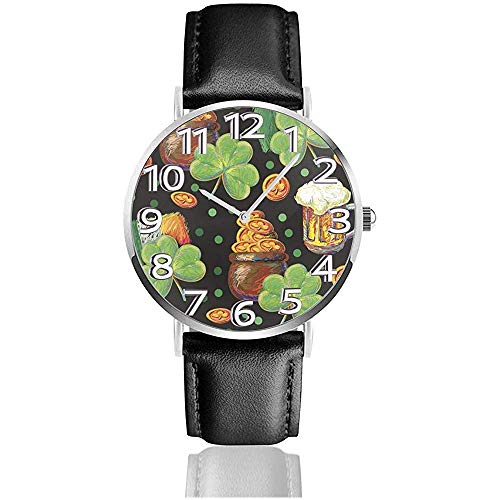 Reloj Reloj de Pulsera St.Patrick's Day Bandera Irlandesa Cerveza Moneda Clásico Casual Cuarzo Correa de Cuero Negro Reloj Relojes de Negocios