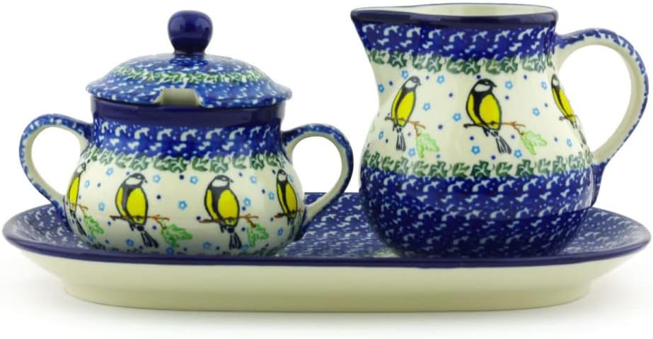 Polmedia Polish Pottery Sugar and Creamer Set - Happy Goldfinch Pattern Handmade in Boleslawiec Poland by Ceramika Artystyczna + Certificate of Authenticity