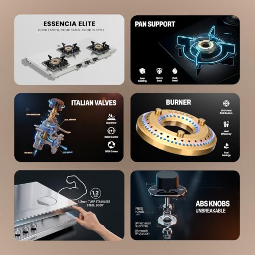 Image of Haute Essencia Elite series 3 Burner Manual Gas Stove | 1.2 MM Stainless Steel body 5 year warranty| Door Step service | 2 year product Warranty by Haute Home