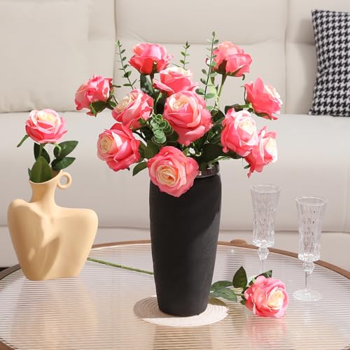 Image of Tifuly 12PCS Rose Artificial Flower, Single Stem Fake Floral Bridal Wedding Bouquet, Realistic Blossom Flora for Home Garden Party Hotel Office Decorations(Pink)