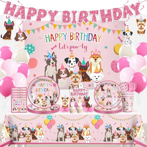 Cocomigo 222 Pcs Puppy Birthday Party Decorations, All-in-one Dog Party Decorations Set with Plates, Napkins, Backdrop, 2 Tablecloths, Balloons & Banner, Serves 25, for Lets Pawty Birthday D
