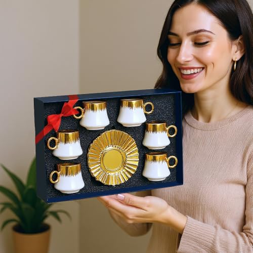 Hebaogugu Coffee Cup Set of 6 with Saucers, 3.5 OZ Ceramic Espresso Cups, Deco Gold Trim Coffee Cup Gift for Cappuccino, Latte, Cafe Mocha and Tea, Dishwasher & Microwave Safe (White and Gold)