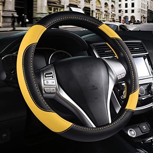 Leather Car Steering Wheel Cover, Non-Slip Car Wheel Cover Protector Breathable Microfiber Leather Universal Fit for Most Cars (Black&Yellow)