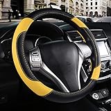 Leather Car Steering Wheel Cover, Non-Slip Car Wheel Cover Protector Breathable Microfiber Leather Universal Fit for Most Cars (Black&Yellow)