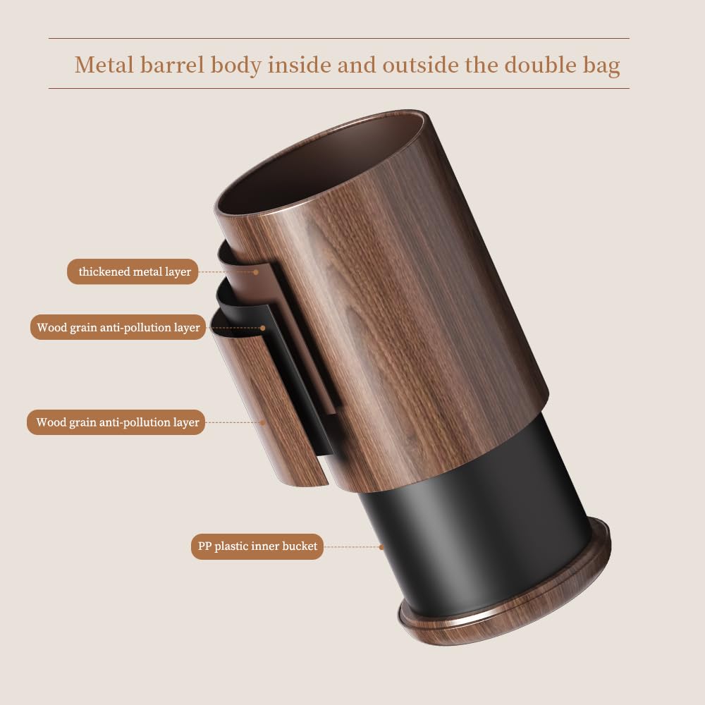 8L/2.1GAL Dark Brown Modern Metal Waste Bin with Realistic Wood Texture,Built-in Bag Holder,Office Trash Can,Open-Top Trash Bin,for Bathroom,Home,Office,Living Room (2.1gal Round)