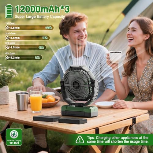 Image of FRIZCOL 3-in-1 Camping Fan - Portable Fans Rechargeable - 36000mAh Detachable Battery Powered Fan with Light & Remote for Indoor, Outdoor, Tent, Travel, Fishing, Jobsite, Gifts for Men Dad Him - Green