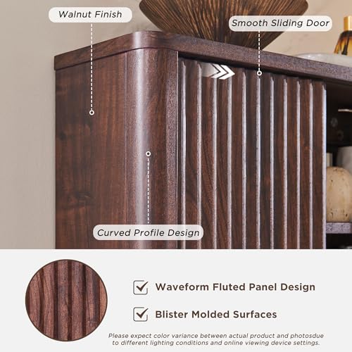 RedLemon Bathroom Wall Cabinet w/Fluted Sliding Door, Modern Medicine Cabinet with Adjustable Shelf, Curved Profile Wall Mounted Storage Organizer, Walnut - Image 5