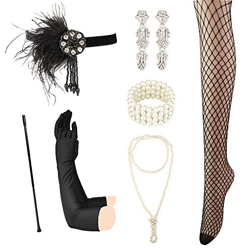 FUNRUN JEWELRY 1920s Flapper Accessories Gatsby Costume Accessories Set 20s Flapper Headband Pearl Bracelet Necklace Gloves Cigarette Holder