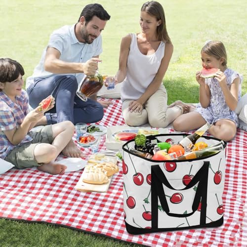 Large Insulated Tote Bag Cute Cherry White for Grocery Shopping Reusable Tote Bags for Women Men, Cooler Bag with Zippered Top & Handles for Beach Picnic Travel3