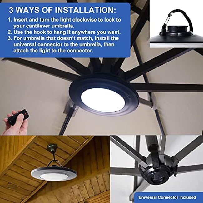 Patio Cantilever Umbrella Lights with Remote, Rechargeable, 3 Brightness Modes