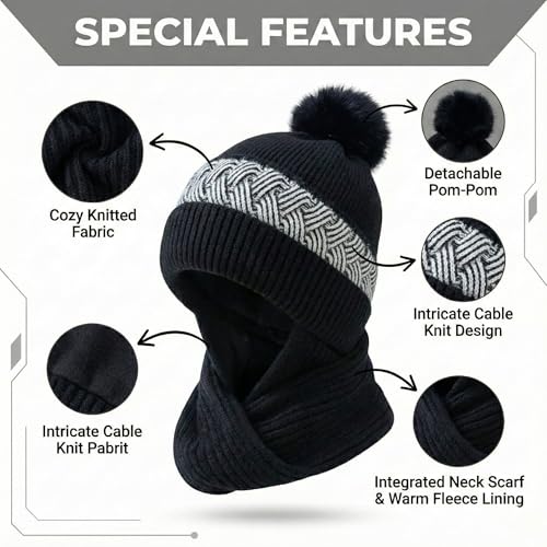 Image of Kraptick Women's Winter Cap and Scarf Set- Thick Fleece Lined Knitted Beanie Hat and Neck Warmer Muffler for Ladies, Stretchable & Soft Woolen Snow Proof for Extreme Cold -6
