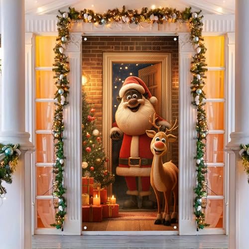 Image of BlissYard Christmas Door Banner Reindeer Santa 35x71 Inch Polyester