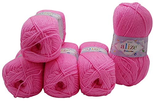 5 x 100g Strickwolle Alize Bebe einfarbig, 500 Gramm Wolle zum Stricken und Häkeln (pink 157)