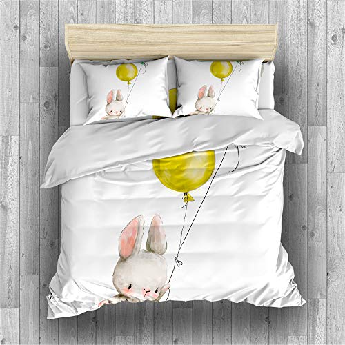 REALIN Hand-Painted Easter Bunny Cartoon Printed Duvet Cover Set Gray Rabbit Bedding Girl Boy Kids Bed Sets 3/4PCS Quilt Covers/Sheets/Pillow Shams,Twin/Full/Queen/King (B,Twin-172x218cm-3PCS)
