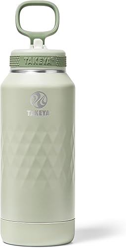 Takeya Botella de agua deportiva de acero inoxidable con triple aislamiento, tapa con popote, a prueba de fugas, resistente al sudor, sin BPA,