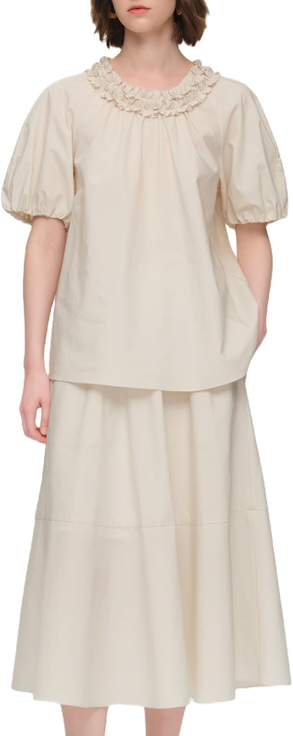 GOELIA Two Piece Sets for Women Summer Outfits 100% Cotton Ruffle Round Neck Top and A-Line Skirt Matching Lounge