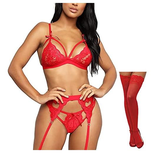 CheChury Sexy Conjunto de Lencería Encaje Floral para Mujer con Ligueros Lace Teddy Babydoll Ropa de Dormir Traje Medias Altas al Muslo Liguero de Encaje Sexy Mujer Traje de Cuatro Piezas