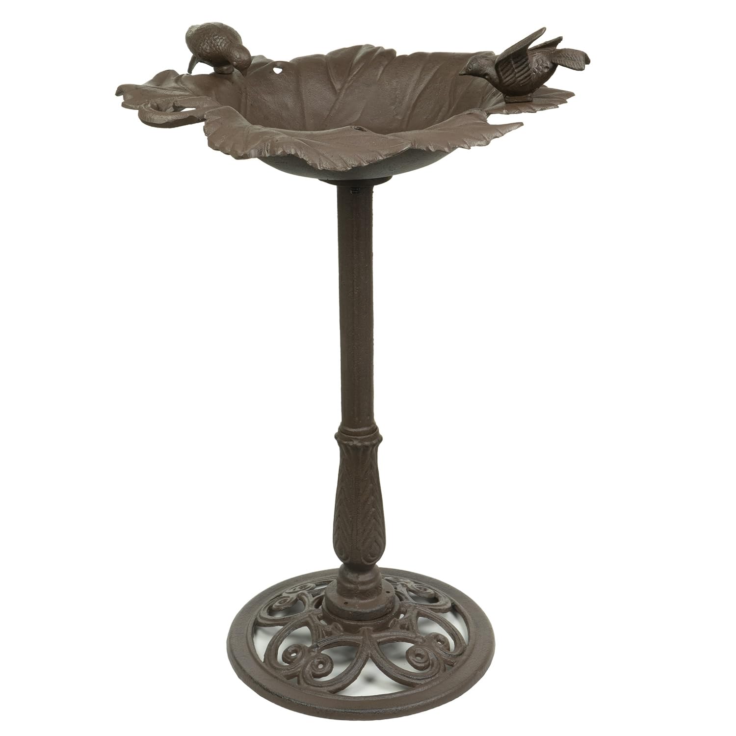 Moritz Bebedero para pájaros de 77 cm de alto, de hierro fundido, macizo, para jardín, forma de hoja, baño para pájaros con soporte, diseño antiguo