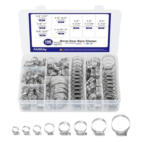 FARRAY 150 PCS Hose Clamps Assortment Kit, Adjustable 1/4"- 2"(6-51mm) Worm Gear Hose Clamps, 304 Stainless Steel Hose Clamps for Plumbing, Automotive and Mechanical Applications Cover