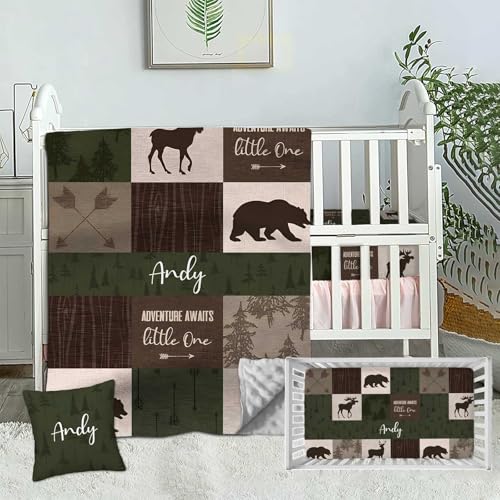 Custom Baby Crib Bedding Set, 3 Piece Personalized Name Baby Crib Sets for for Infant Toddler, Woodland Dark Green Nursery Bedding Set for Boys, Minky Blanket, Fitted Sheets, Pillowcase for Newborn