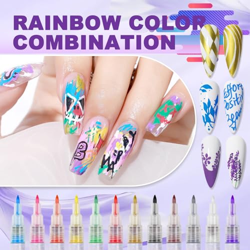 Image of 12 Color Nail Art Pens, 0.7 MM Nail Polish Pens Set Drawing Painting Point Liner Acrylic Painted Pen Kit, Waterproof and Quick-drying Nail for DIY Nails Art Design Manicure Tools