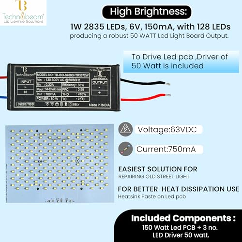 Image of Technobeam 150W LED PCB with Driver for Repair | 64 LED, 63V 700mA | Aluminum Plate Base | Waterproof & Durable | Ideal for Flood Light and Street Light
