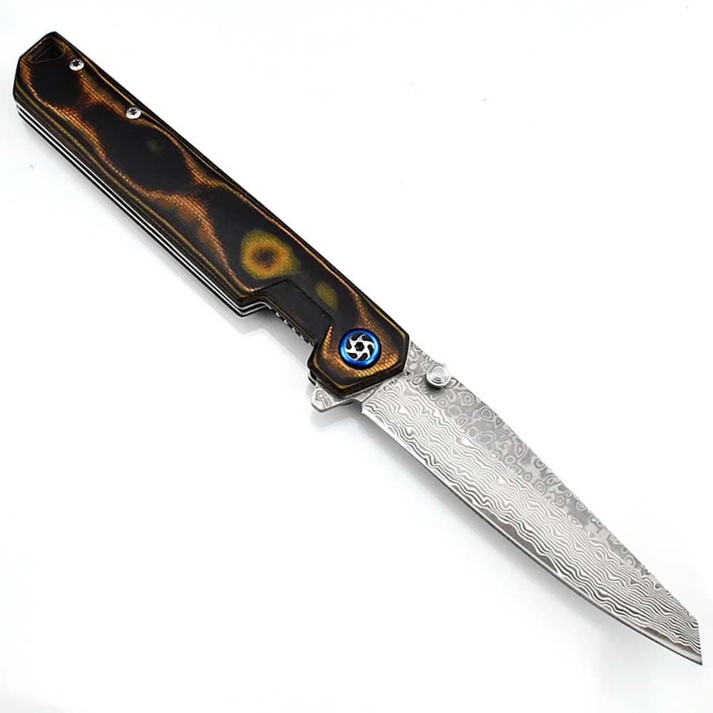 Taschenmesser Damast leicht Klappmesser Aus Damaststahl mit liner lock, Bunt G10 griff, 9.1cm Damaszener Klinge, Outdoor Edc Messer Survival Jagdmesser, Damaskus Geschmiedet, Einhandmesser, Holster