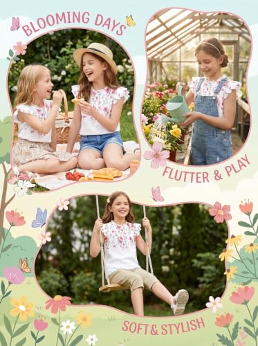 Image of Arshiner Girls Ruffle Short Sleeve Shirts Cute Summer Frill Neck Pleated Textured Blouse Tops