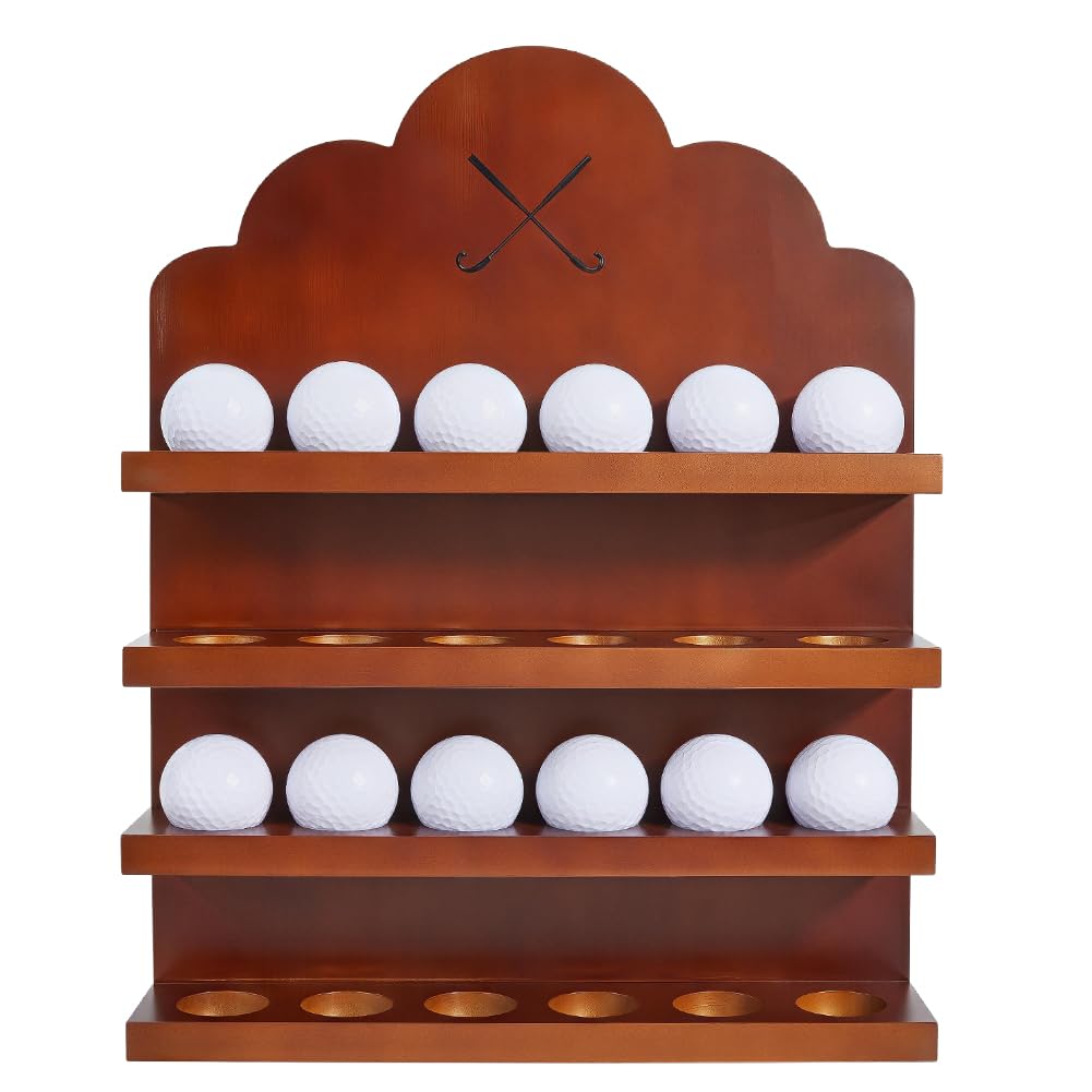 BENECREAT Wood Golf Ball Display Holder, 24 Balls Wall Mounted Golf Rack, 4 Tier Storage Organizer for Home Office Decor and Golf Club Display