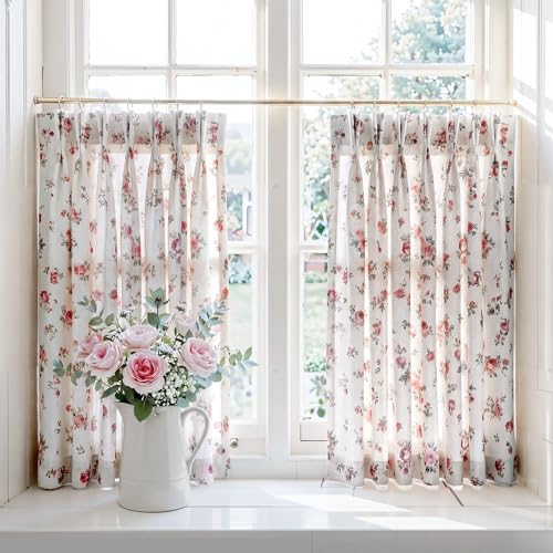 RYB HOME Pinch Pleated Floral Curtains for Kitchen Cafe, Light