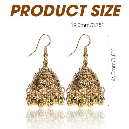 2 Pair Vintage Jhumkas Earrings 1.8'' for Women, Handmade Ethnic Antique Traditional Gold Plated Silver Earring - Small Indian Jhumki Jewelry Micro Earring Bell Tassel Drop Hanging Pendientes2