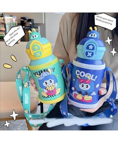 Image of Kids Stainless Steel Insulated Mug Bottle with Straw & Strap - 500ml Double Wall Vacuum Sipper Flask, Portable School Travel Water Bottle for Boys & Girls,Blue