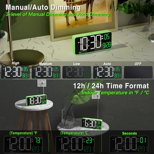 Image of KOSUMOSU Digital Clock for Bedroom, 6.7in Desk Clock, Auto Dimming, Room Temperature, Day of The Week, Date, Seconds, Clocks for Living Room, Alarm Clocks for Bedrooms