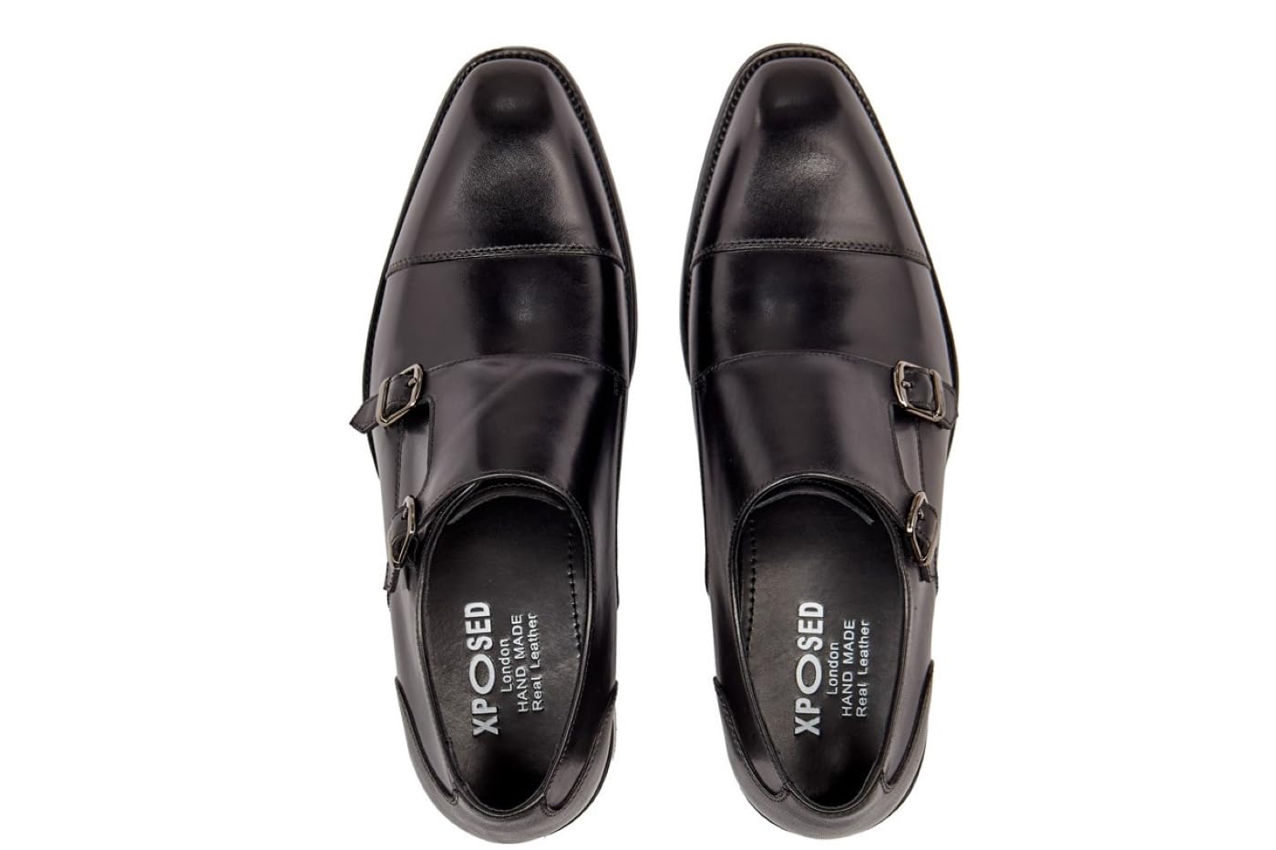 Scarpe da Uomo con Doppia Fibbia Monk Strap in Vera Pelle Liscia Lucida Realizzata a Mano
