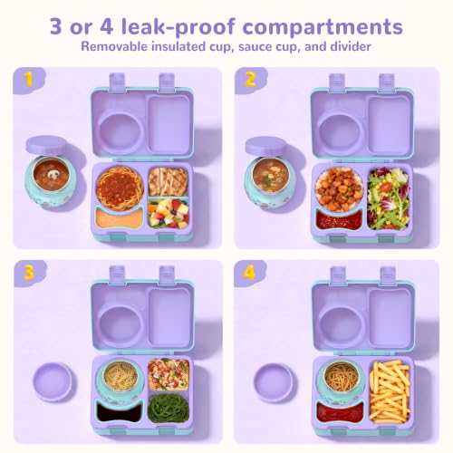 Image of Bento Box for Kids, Leakproof Kids Lunch Box with 8.5OZ Thermo Food Jar & Lunch Bag, 3-4 Compartments Toddler Insulated Lunch Box for Girls, BPA Free Lunch Containers for School Daycare