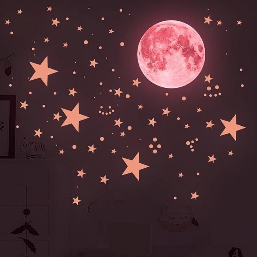 Glow in The Dark Pink Moon & Stars Wall Stickers for Kids Bedroom – Premium Luminous Radium Wall Decals for Girls Room Décor – Bright Pink Glowing Full Moon with Stars Ceiling Stickers for Nursery.