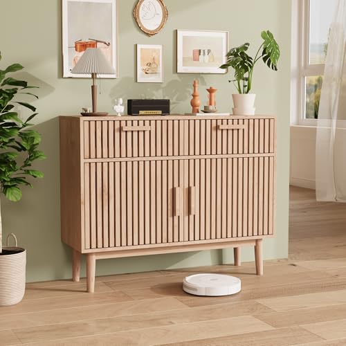Armario de Cocina con 2 Cajones y 2 Puertas, Aparador de Comedor Mueble de Almacenamiento en Mimbre Armario con Base para Dormitorio, Salón, Cocina, Comedor (2 cajones, color madera natural)