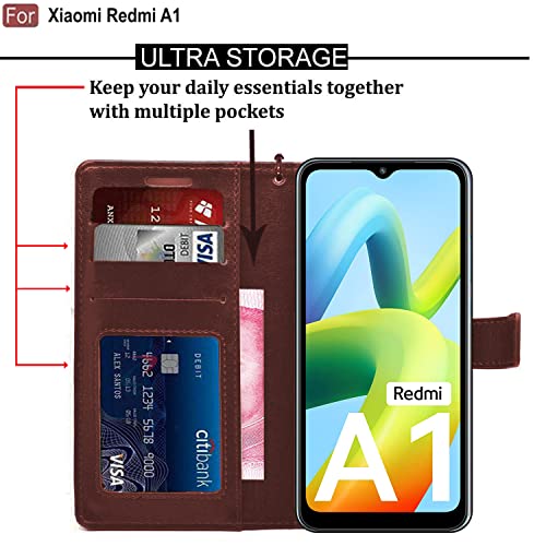 Image of CEDO Flip Cover for Redmi A1 / Redmi A2 (4G) | Leather Finish | Inside Pockets & Inbuilt Stand | Shockproof Wallet Style Magnetic Closure Back Case Flipcover (Brown)