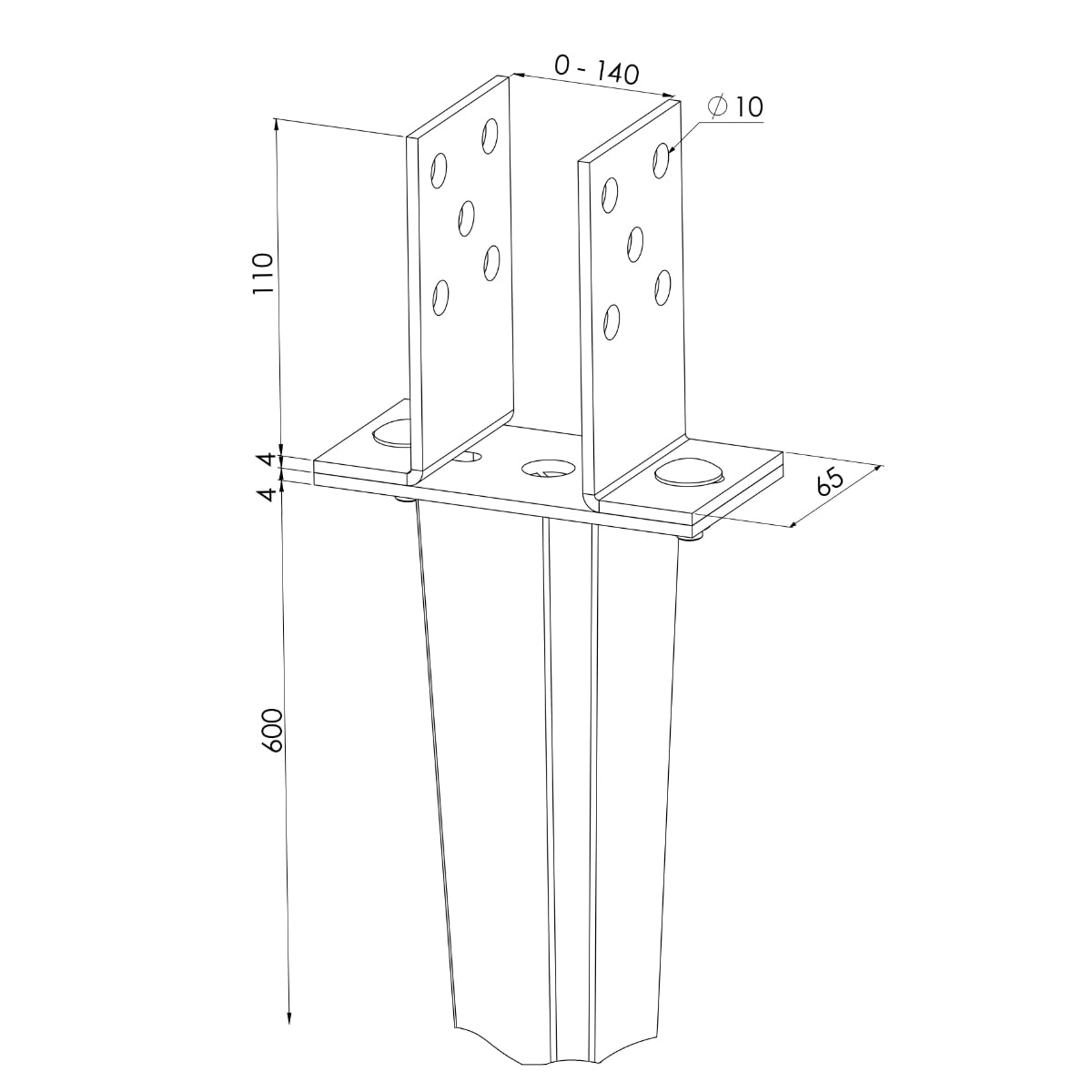 TRIBECCO Einschlag-Bodenhülse U-Form für Vierkant-Holzpfosten Stützenschuh verstellbar bis 140 mm Länge 700 mm U-Pfostenträger zum Einschlagen in den Boden feuerverzinkter Stahl