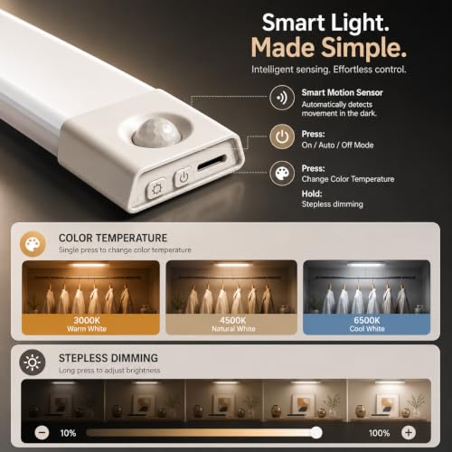 Image of Gesto Rechargeable Motion Sensor Led Light for Wardrobe - 3 Color Modes Magnetic Closet Light with Stepless Dimming for Under Counter| Under Cabinet Light,Kitchen Light,Cupboard Lights - 30 Cm
