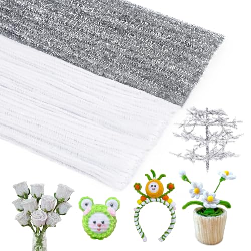 Image of 200PCS Pipe Cleaners, White + Glitter Silver Pipe Cleaners Craft | Pipe Cleaners Chenille Stem Set, 100PCS White +100PCS Silver Fuzzy Sticks Pipe Cleaners Bulk for Arts and Crafts