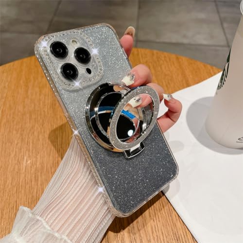 Coque à paillettes magnétiques avec support de bague miroir pour iPhone 14