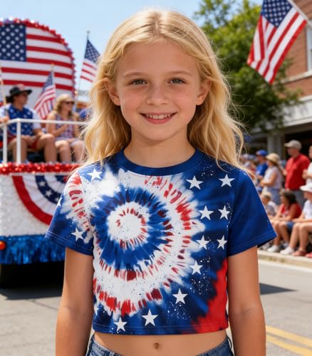 Image of Tkria Girl Crop Tops July 4th Crewneck Tshirt American Flag Patriotic USA Flag Girls Outfit Clothes Size 6-14